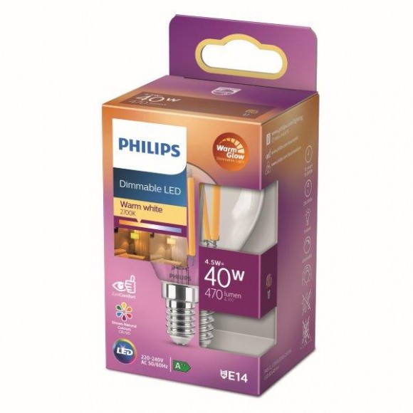 Philips 8718699780173 LED žiarovka 1x4,5W | E14 | 470lm | 2200-2700K - Warm Glow, stmievateľná, číra, Eyecomfort