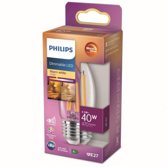 Philips 8718699780197 LED žiarovka 1x4,5W | E14 | 470lm | 2700K - teplá biela, stmievateľné, číra, Eyecomfort