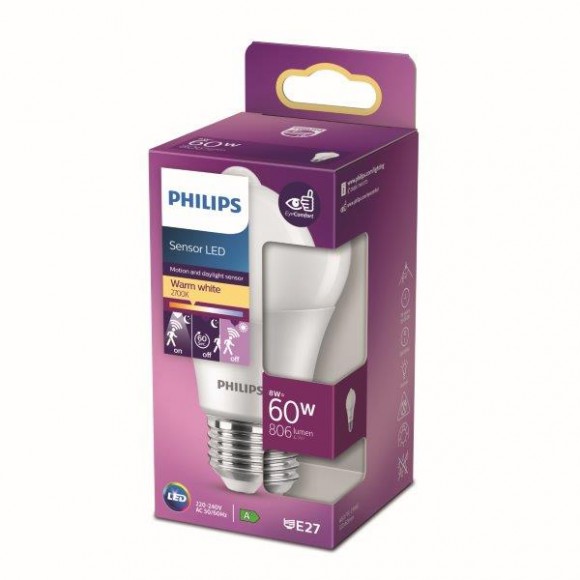 Philips 8718699782733 LED žiarovka 1x8W | E27 | 806lm | 2700K - teplá biela, so senzorom, matná biela, Eyecomfort