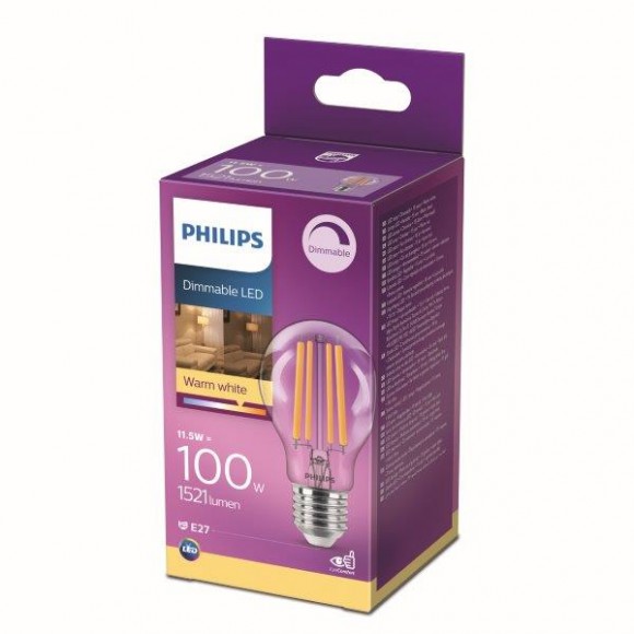 Philips 8718699788407 LED žiarovka 1x11,5W | E27 | 1521lm | 2700K - teplá biela, stmievateľná, číra, Eyecomfort