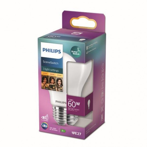 Philips 8719514263963 LED žiarovka 1x7,5W | E27 | 1055lm | 2200-2500-2700K - 3 svetelné módy, matná biela, EyeComfort