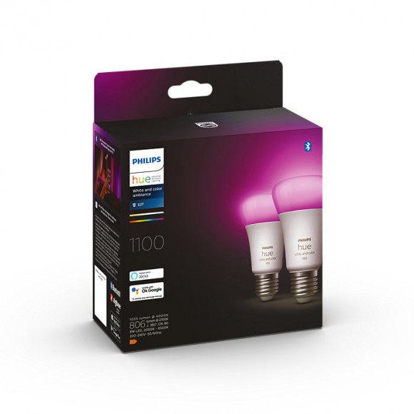 Philips Hue 8719514291317 LED žiarovka E27 2x9W | E27 | 1100lm | 2000-6500K | RGB - set 2 ks, stmievateľné, Bluetooth, White and color Ambiance
