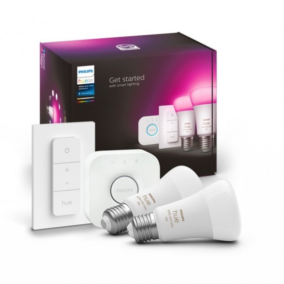 Philips Hue 8719514291379 Žiarovky a Hue Bridge Starter Kit 2x11W | E27 | 806-1100lm | 2000-6500K | RGB - White and Color Ambiance, Bluetooth, ZigBee, diaľkové ovládanie, biela