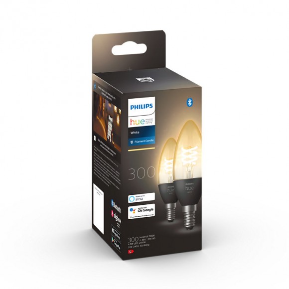 Philips Hue 8719514302211 LED filamentová žiarovka 2x4,5W | E14 | 3000lm | 2100K - set 2 ks, Bluetooth, stmievateľná, White