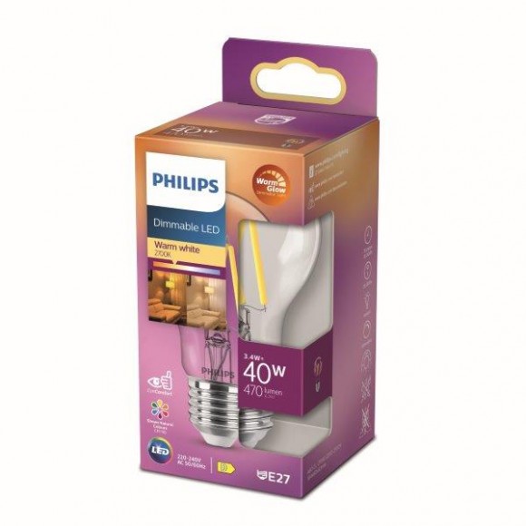Philips 8719514323759 LED filamentová žiarovka 3,4W / 40W | E27 | 470lm | 2200-2700K | A60 - stmievateľná, WarmGlow