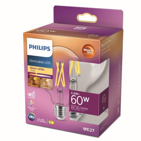 Philips 8719514323957 LED filamentová žiarovka 5,9W / 60W | E27 | 806lm | 2200-2700K | G93 - stmievateľná, WarmGlow