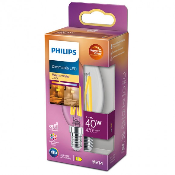 Philips 8719514324213 LED filamentová žiarovka 3,4W / 40W | E14 | 470lm | 2200-2700K | B35 - stmievateľná, WarmGlow