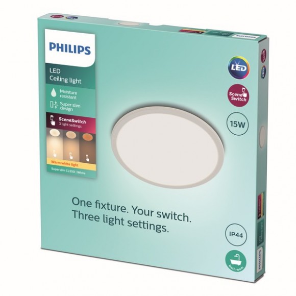 Philips 8719514327184 LED stropné svietidlo Super Slim 1x15W | 1300lm | 2700K | IP44 - EyeComfort, biela