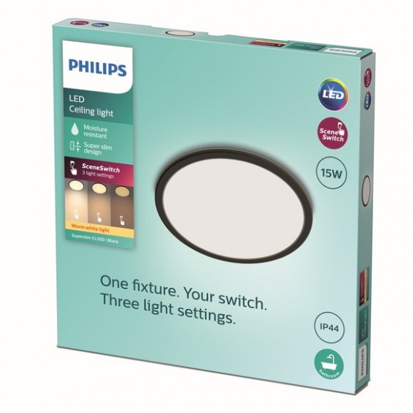 Philips 8719514327207 LED stropné svietidlo Super Slim 1x15W | 1300lm | 2700K | IP44 - EyeComfort, čierna