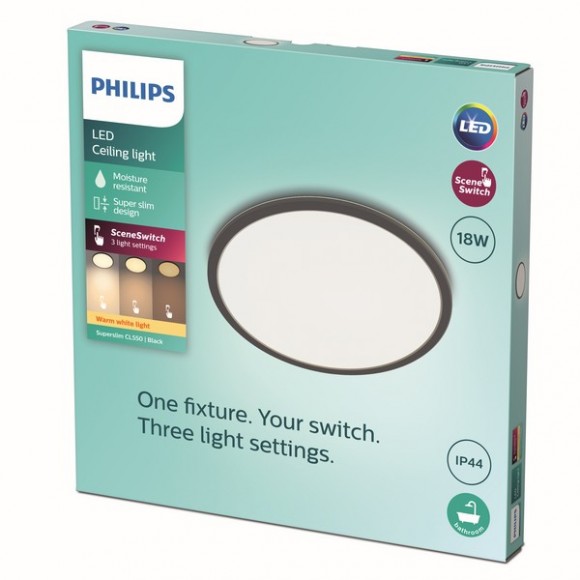 Philips 8719514327283 LED stropné svietidlo Super Slim 1x18W | 1500lm | 2700K | IP44 - EyeComfort, čierna
