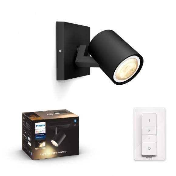 Philips Hue 8719514338326 LED nástenné bodové svietidlo Runner 1x5W | GU10 | 350lm | 2200-6500K - Bluetooth, stmievateľné, diaľkové ovládanie, White Ambiance, čierna