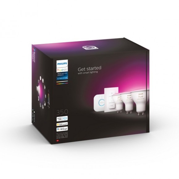 Philips Hue 8719514340107 LED žiarovky + Hue Bridge 3x4,3W | GU10 | 350lm | 2000-6500K | RGB - Bluetooth, stmievateľné, White and color ambiance