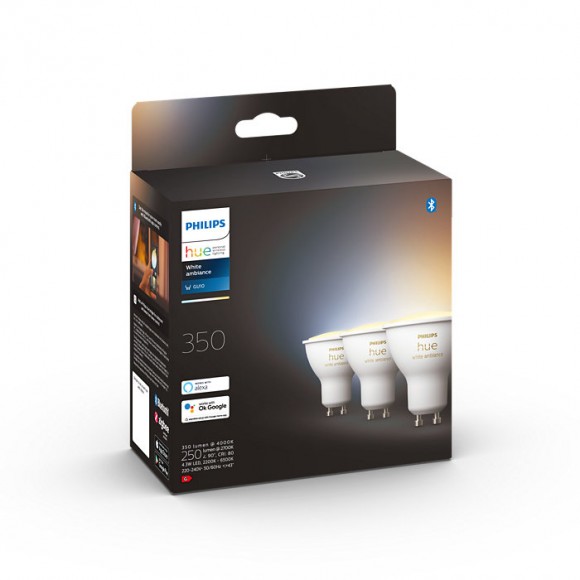 Philips Hue 8719514342804 LED žiarovky 3x4,3W | GU10 | 350lm | 2200-6500K - set 3 ks, stmievateľné, Bluetooth, White Ambiance