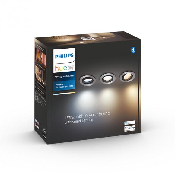 Philips Hue 8719514342828 LED zápustné bodové svietidlo Milliskin 3x5W | GU10 | 1050lm | 2200-6500K - set 3 ks, stmievateľné, White Ambiance, hliník