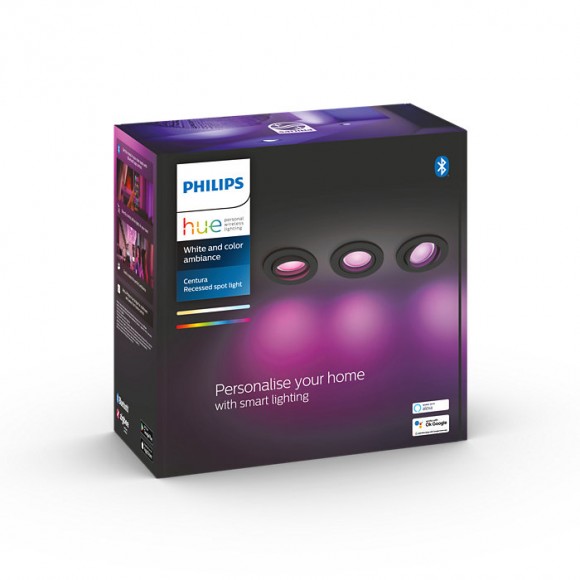 Philips Hue 8719514342903 LED zápustné bodové svietidlo Centura 3x5,7W | GU10 | 1050lm | 2200-6500K | RGB - set 3 ks, stmievateľné, Bluetooth, White and color Ambiance, čierna