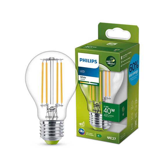 Philips 8719514343726 LED filamentová žiarovka 1x2,3W/60W | E27 | 485lm | 3000K- číra, Ultra Efficient