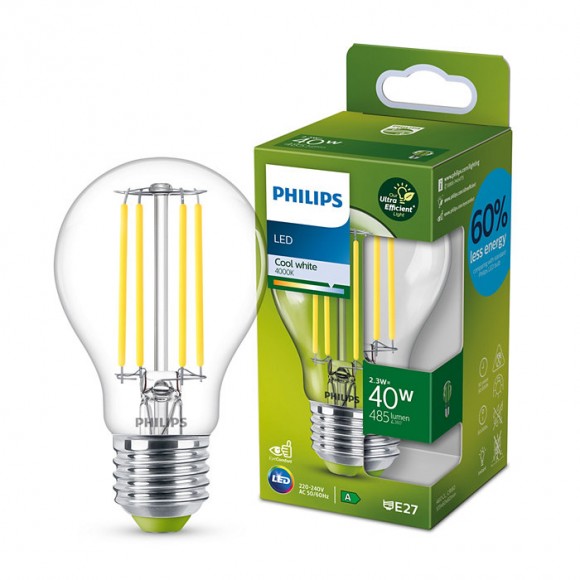 Philips 8719514343740 LED filamentová žiarovka 1x2,3W/60W | E27 | 485lm | 4000K- číra, Ultra Efficient