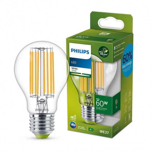 Philips 8719514343788 LED filamentová žiarovka 1x4W/60W | E27 | 840lm | 3000K- číra, Ultra Efficient