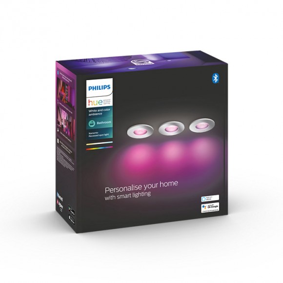 Philips Hue 8719514355392 LED kúpeľňové zápustné svietidlo Xamento 3x5,7W | GU10 | 1050lm | 2200-6500K | IP44 - set 3 ks, stmievateľné, Bluetooth, White and color Ambiance, chróm
