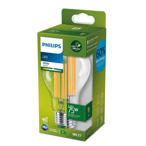 Philips 8719514435674 LED filamentová žiarovka 1x5,2W/75W | E27 | 1535lm | 3000K- číra, Ultra Efficient