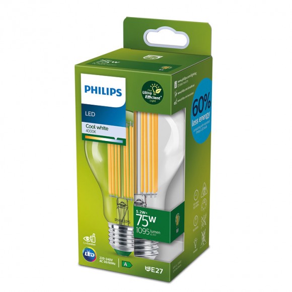 Philips 8719514435698 LED filamentová žiarovka 1x5,2W/75W | E27 | 1535lm | 4000K- číra, Ultra Efficient