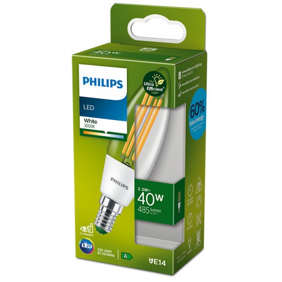 Philips 8719514435759 LED filamentová žiarovka 1x2,3W/40W | E14 | 485lm | 3000K- číra, Ultra Efficient