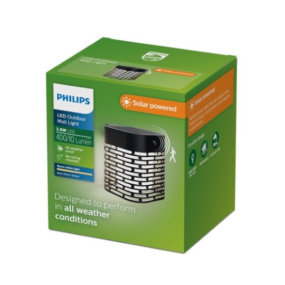 Philips 8721103105578 LED solárne vonkajšie nástenné svietidlo Hara  | 4W integrovaný LED zdroj | 400lm | 2700K | čierna