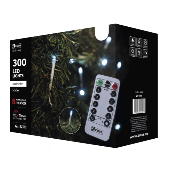 Emos ZY1905 LED vianočné cencúle 5m 6W | IP44 | 300 žiaroviek - studená biela, 8 režimov, diaľkový ovládač, časovač