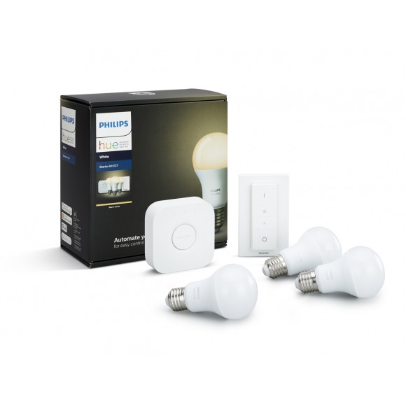 Philips Hue 8718696728987 súprava 3 LED žiaroviek + Dimmer Switch + Bridge 9,5W | E27 | 2700K - White
