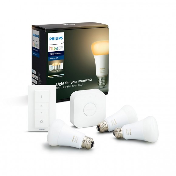 Philips Hue 8718699673345 Starter kit 3x LED žiarovka + ovládač Dimmer Switch + Bridge 8,5W | E27 - Bluetooth, White Ambiance