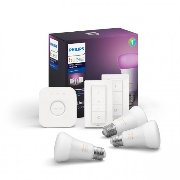 Philips Hue 8718699696917 Starter kit 3x LED žiarovka + 2x ovládač Dimmer Switch + Bridge 9W | E27 - White and Color Ambiance