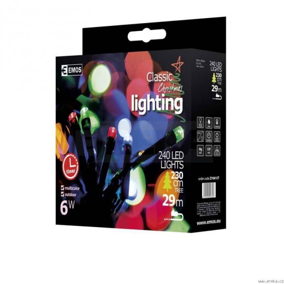 Emos ZY0815T LED vianočná reťaz Classic 24m 6W | IP44 | 240 žiaroviek - multicolor, časovač