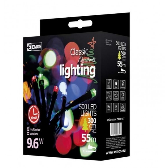 Emos ZY0816T LED vianočná reťaz Classic 50m 9W | IP44 | 500 žiaroviek - multicolor, časovač