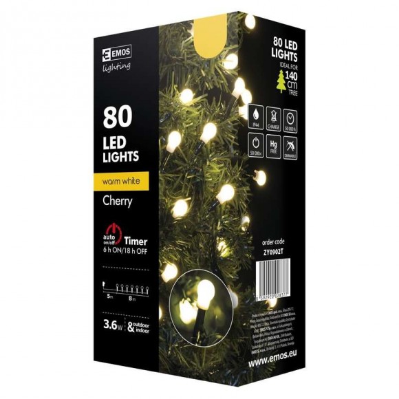 Emos ZY0902T LED vianočná reťaz Cherry 8m 3,6W | IP44 | 80 žiaroviek - teplá biela, časovač