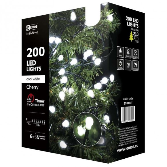 Emos ZY0903T LED vianočná reťaz Cherry 20m 6W | IP44 | 200 žiaroviek - studená biela, časovač