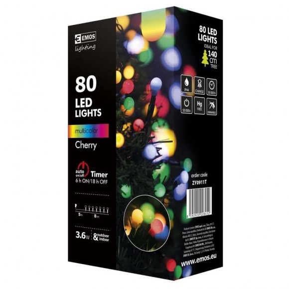Emos ZY0911T LED vianočná reťaz Cherry 8m 3,6W | IP44 | 80 žiaroviek - multicolor, časovač