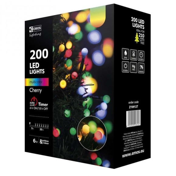 Emos ZY0912T LED vianočná reťaz Cherry 20m 6W | IP44 | 200 žiaroviek - multicolor, časovač