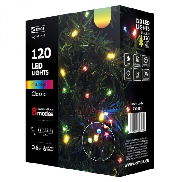 Emos ZY1451 LED vianočná reťaz Classic 12m 3,6W | IP44 | 120 žiaroviek - multicolor, 8 režimov