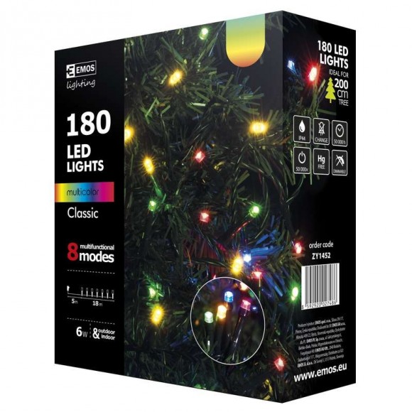 Emos ZY1452 LED vianočná reťaz Classic 18m 6W | IP44 | 180 žiaroviek - multicolor, 8 režimov