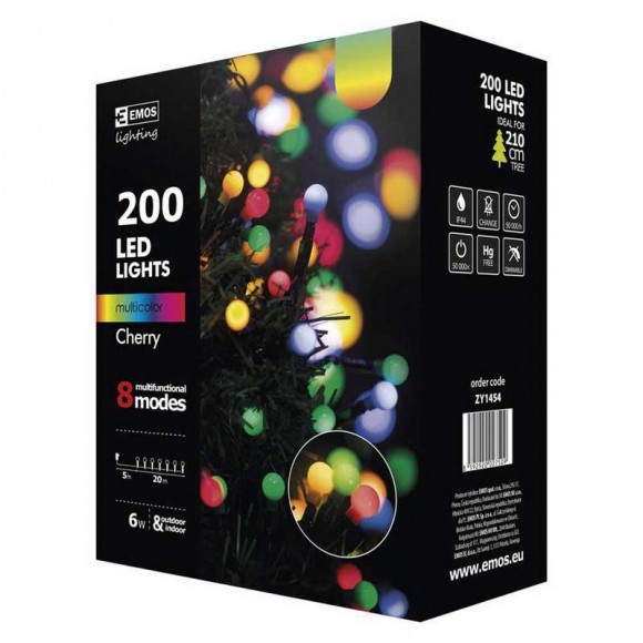 Emos ZY1454 LED vianočná reťaz Cherry 20m 6W | IP44 | 200 žiaroviek - multicolor, 8 režimov