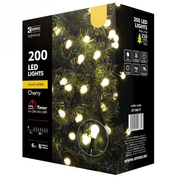 Emos ZY1601T LED vianočná reťaz Cherry 20m 6W | IP44 | 200 žiaroviek - teplá biela, časovač