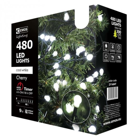 Emos ZY1604T LED vianočná reťaz Cherry 48m 9W | IP44 | 480 žiaroviek - studená biela, časovač