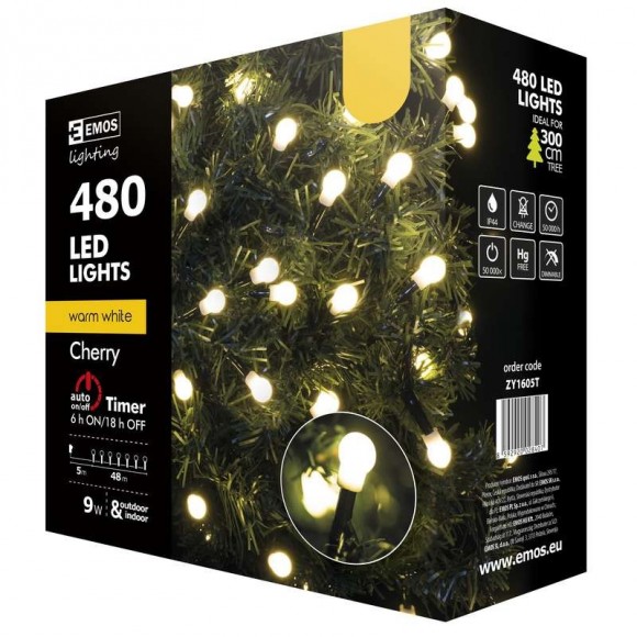 Emos ZY1605T LED vianočná reťaz Cherry 48m 9W | IP44 | 480 žiaroviek - teplá biela, časovač