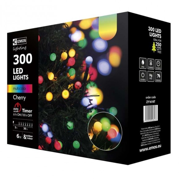 Emos ZY1610T LED vianočná reťaz Cherry 30m 6W | IP44 | 300 žiaroviek - multicolor, časovač