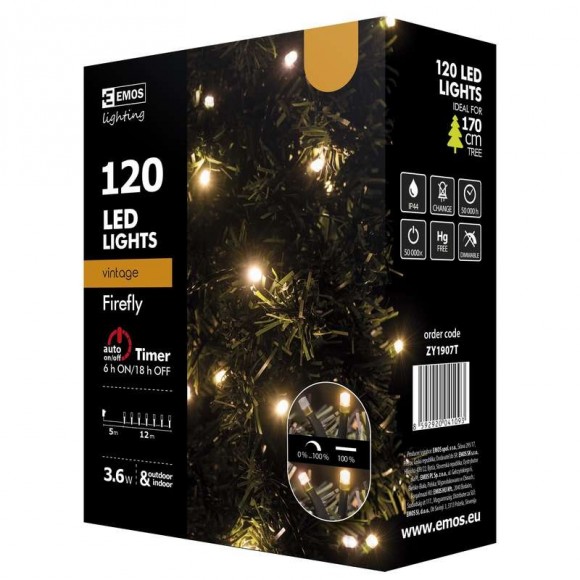 Emos ZY1907T LED vianočná reťaz Cherry 12m 3,6W | IP44 | 120 žiaroviek - jantárová, časovač, funkcia 50% svieti, 50% pulzuje