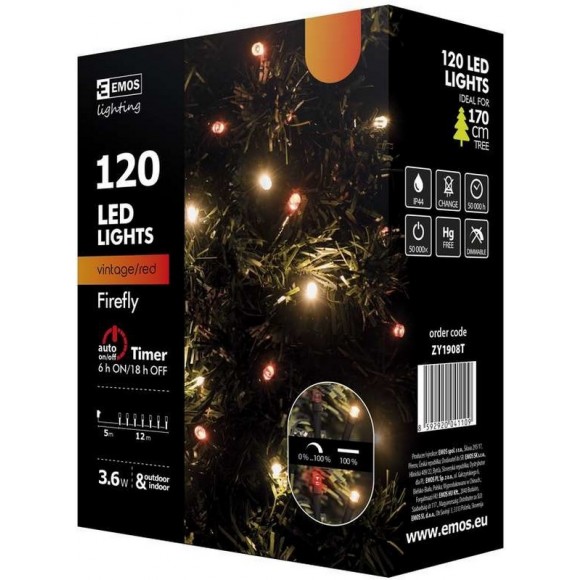 Emos ZY1908T LED vianočná reťaz Classic 12m 3,6W | IP44 | 120 žiaroviek - vintage, červená, časovač, funkcia 50% svieti, 50% pulzuje