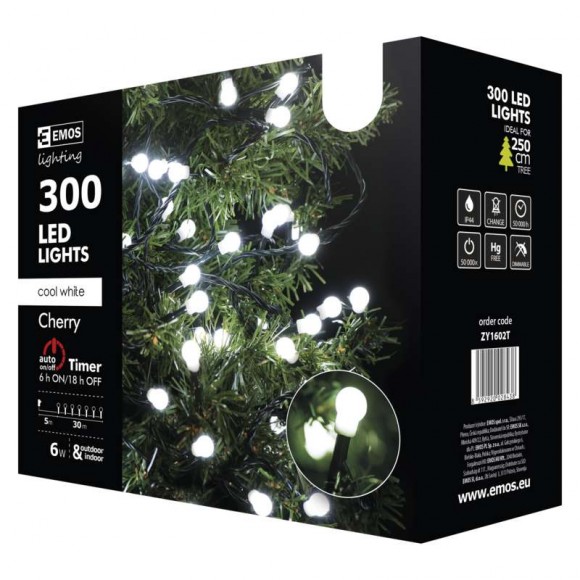 Emos ZY1602T LED vianočná reťaz Cherry 30m 6W | IP44 | 300 žiaroviek - studená biela, časovač